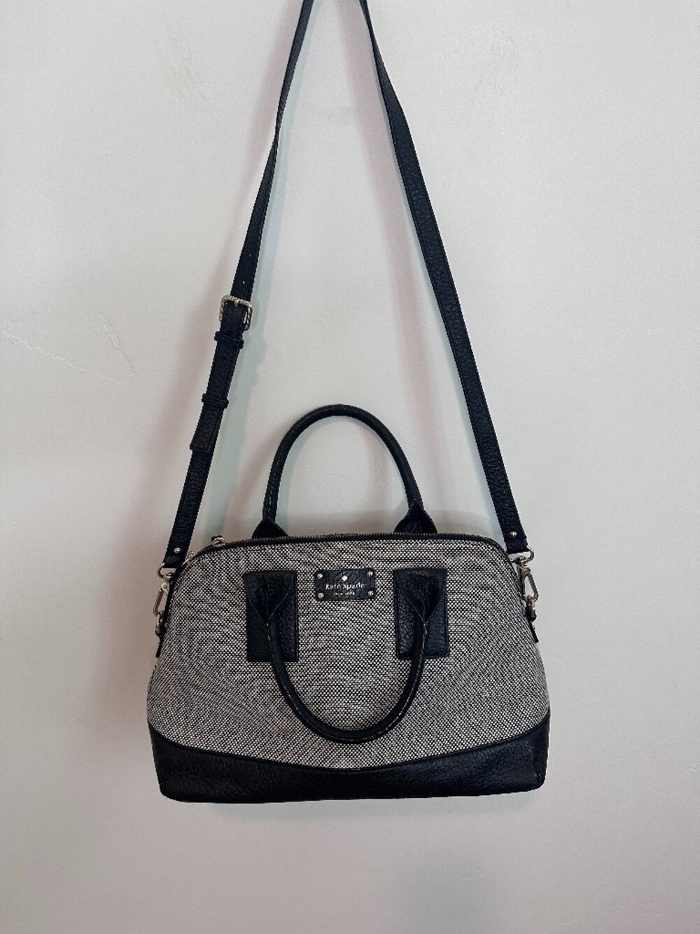 Kate Spade Black/Cream Southport Avenue Jenny Satchel, Woven twill & Leather